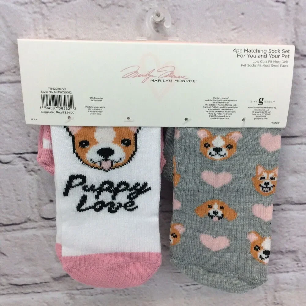 Marilyn Monroe Girls & Matching Pet Socks OSFM 4 Pair Set Low Cut Puppy Love NWT